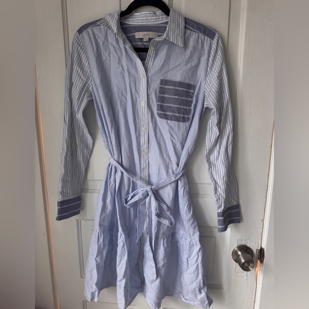 LOFT Light Blue and Navy Striped Tie-Waist Shirt Dress